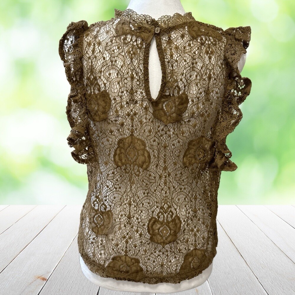 ADIVA Lace Top Sheer Floral Flutter Sleeve High Neck Fairy Festival Brown Size S - Picture 2 of 7